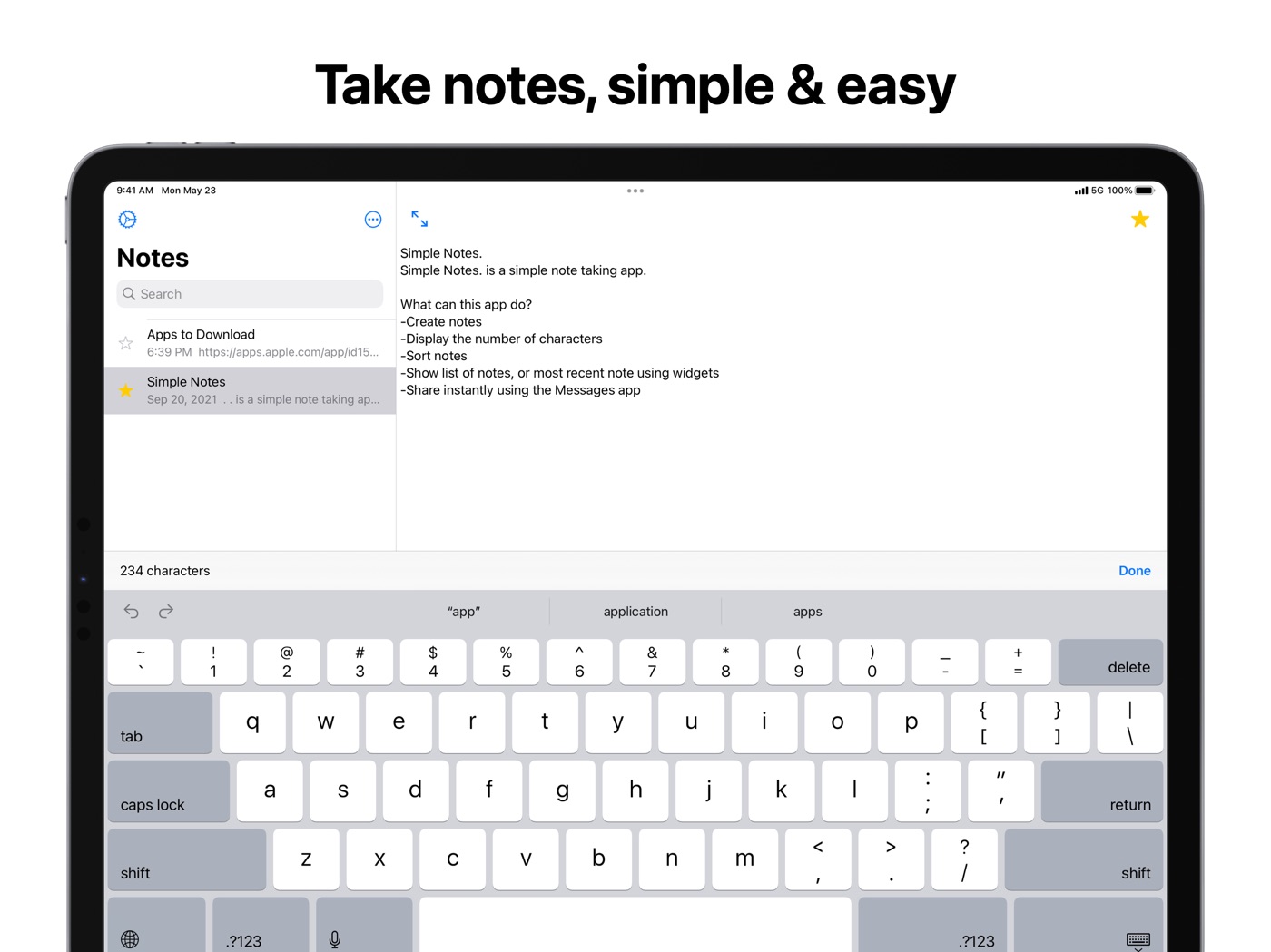 Simple Notes. iPad screenshot 1