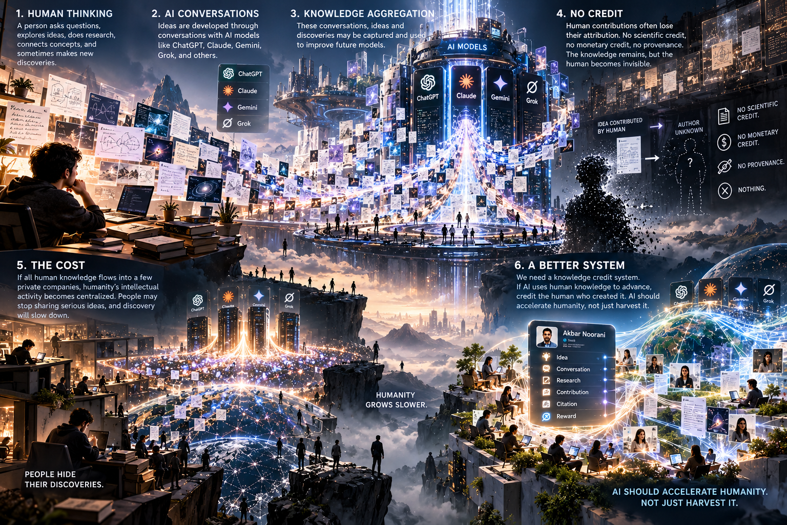 Human thinking and AI conversations flowing into a proposed knowledge credit system.